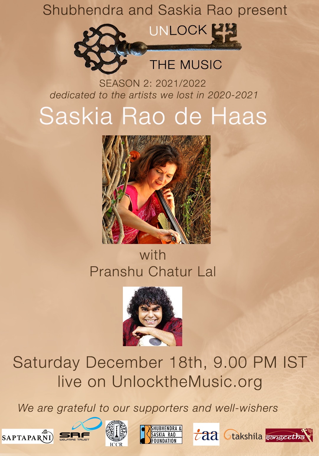 Virtual Live Concert: Third concert of Season 2 of 'Unlock the Music' -Baithak concert series. Indian Cello Concert by Maestro Saskia Rao-de Haas on 18 December 2021 at 1630 hrs